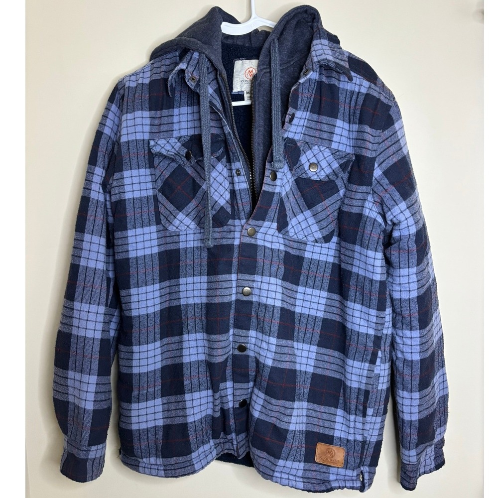 Cloudveil Mens Blue Plaid Sherpa Lined Hooded Flannel Shirt Jacket Medium‎